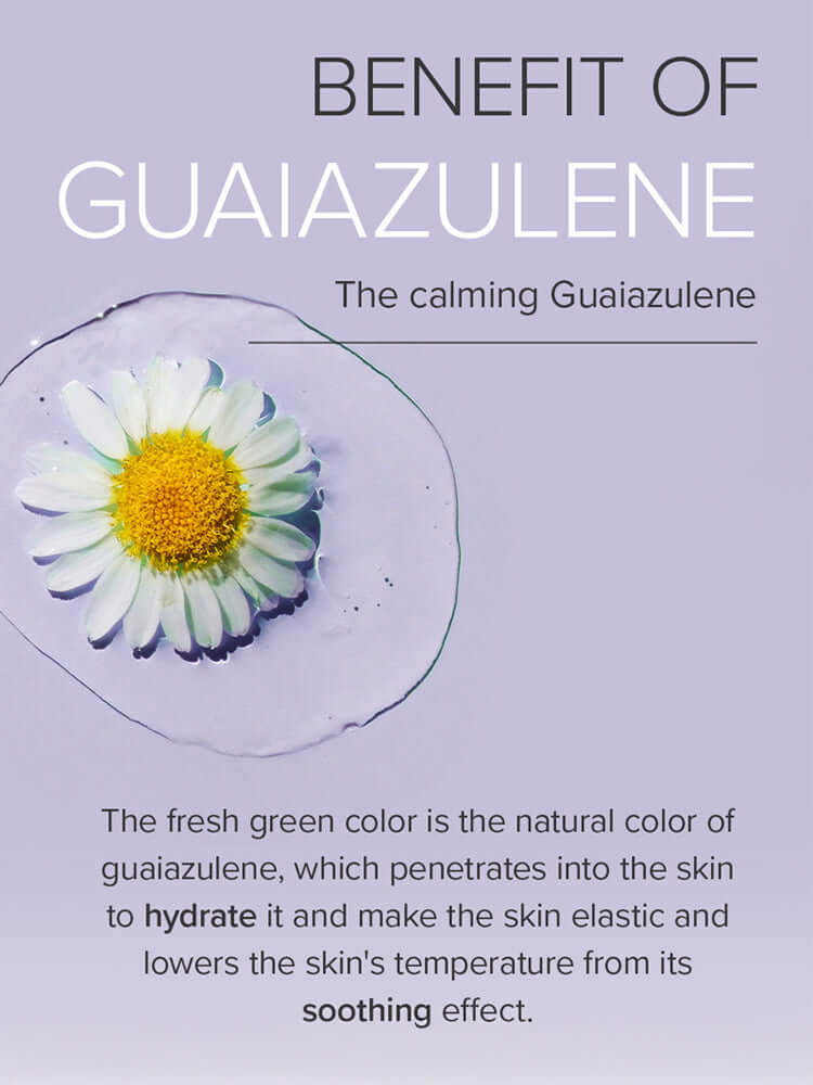 Image displaying the benefits of guaiazulene with a chamomile flower highlighting its calming and hydrating properties.