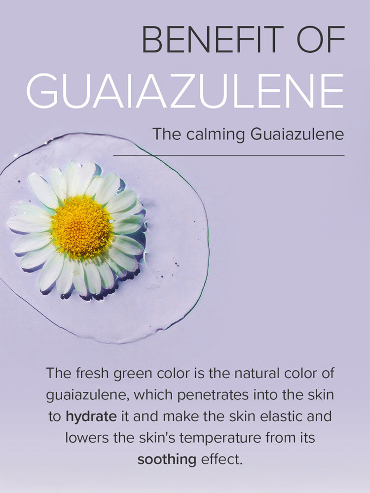 Image displaying the benefits of guaiazulene with a chamomile flower highlighting its calming and hydrating properties.