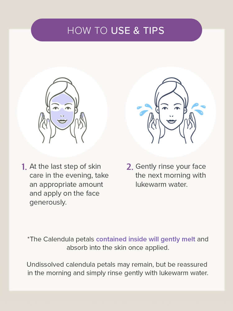 Instructions for using MARY&MAY Calendula Peptide Ageless Sleeping Mask for best results.