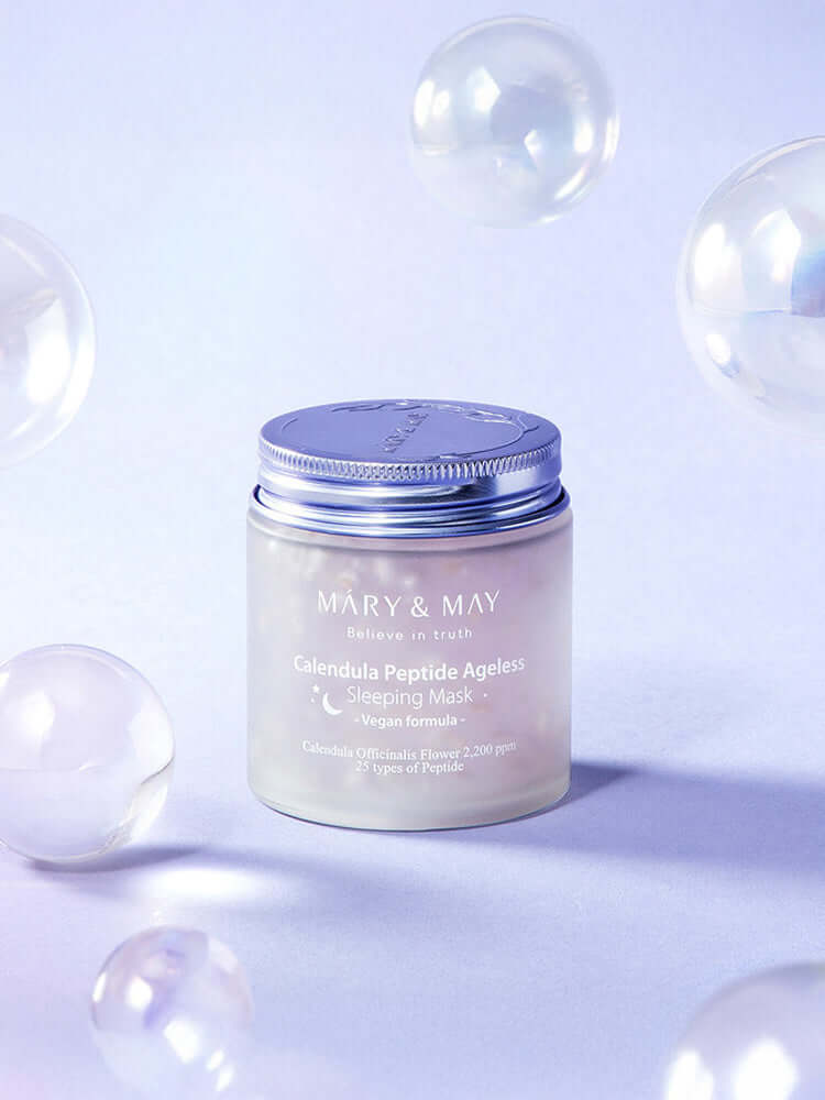 MARY&MAY Calendula Peptide Ageless Sleeping Mask jar surrounded by bubbles, showcasing overnight moisture care.