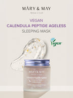 MARY&MAY Calendula Peptide Ageless Sleeping Mask with vegan formula and gel texture for overnight moisture care.