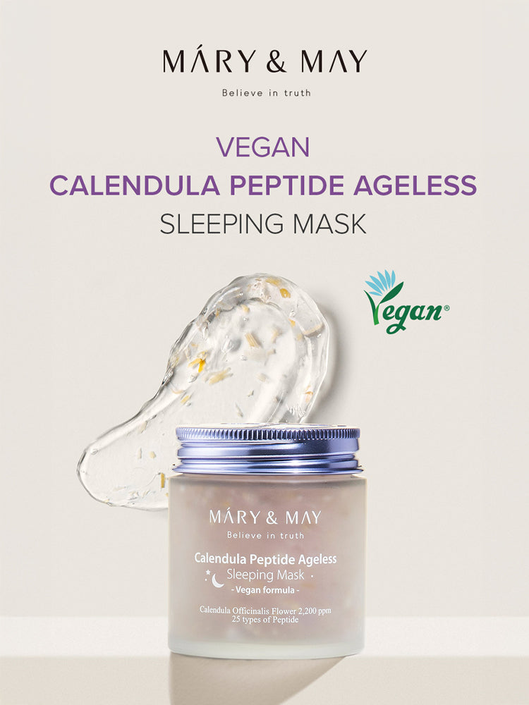 MARY&MAY Calendula Peptide Ageless Sleeping Mask with vegan formula and gel texture for overnight moisture care.