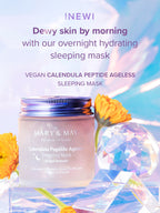 MARY&MAY Calendula Peptide Ageless Sleeping Mask with flowers and crystals, promoting overnight hydration for dewy skin.