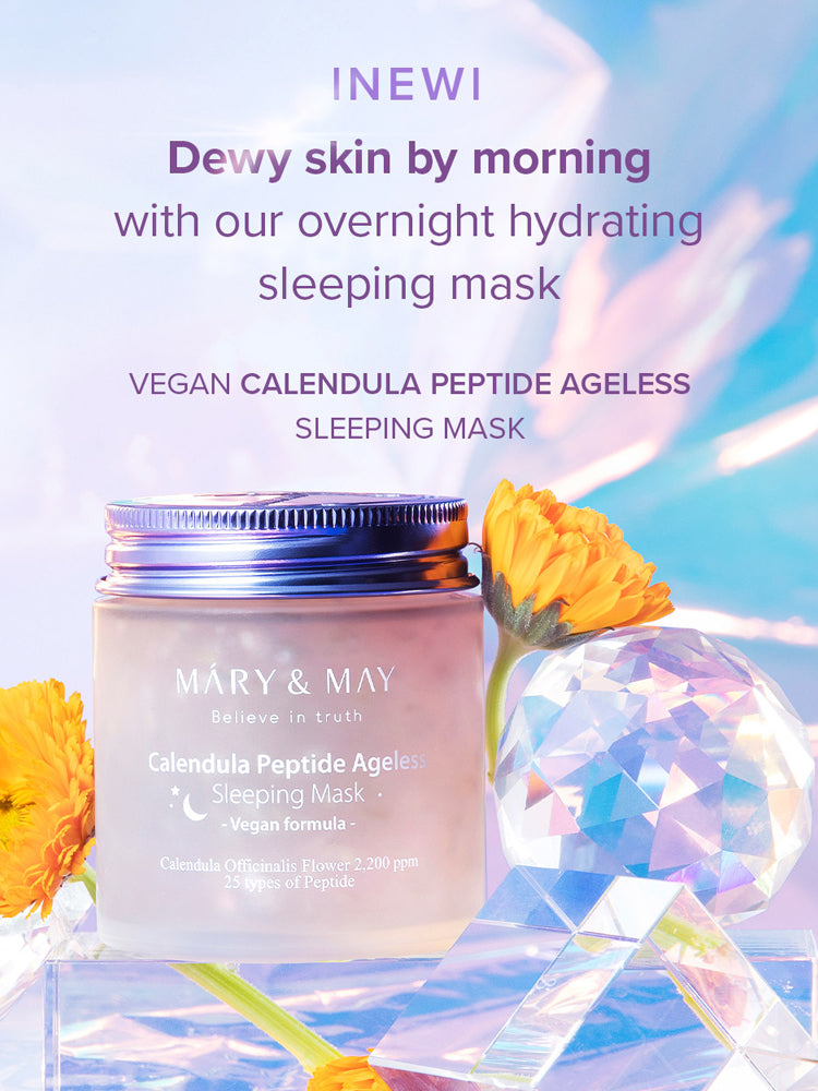 MARY&MAY Calendula Peptide Ageless Sleeping Mask with flowers and crystals, promoting overnight hydration for dewy skin.