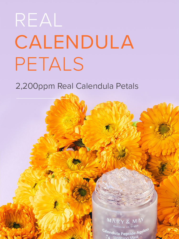MARY&MAY Calendula Peptide Ageless Sleeping Mask with real calendula petals 2200ppm for overnight hydration.