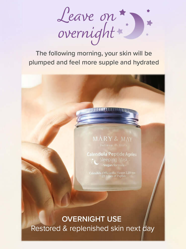 MARY&MAY Calendula Peptide Ageless Sleeping Mask 110g in a jar for overnight skin hydration and nourishment.