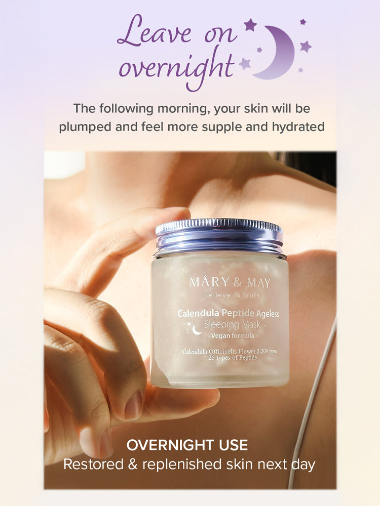 MARY&MAY Calendula Peptide Ageless Sleeping Mask 110g in a jar for overnight skin hydration and nourishment.