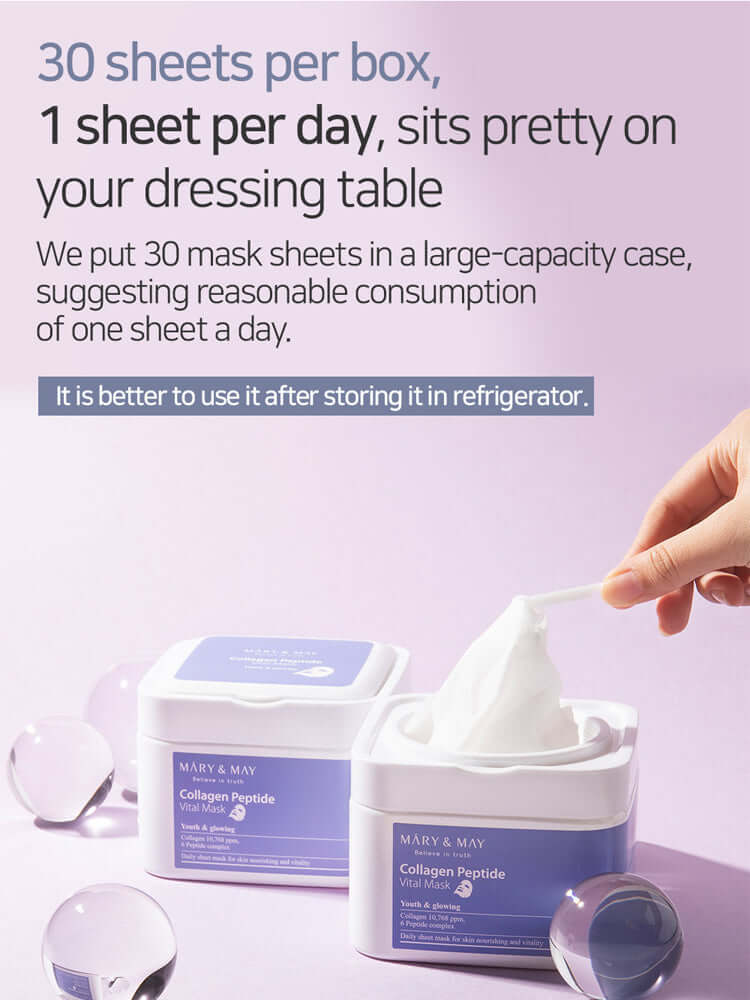MARY&MAY Collagen Peptide Vital Mask 400g 30EA packaging showcasing 30 sheets per box for daily skincare.