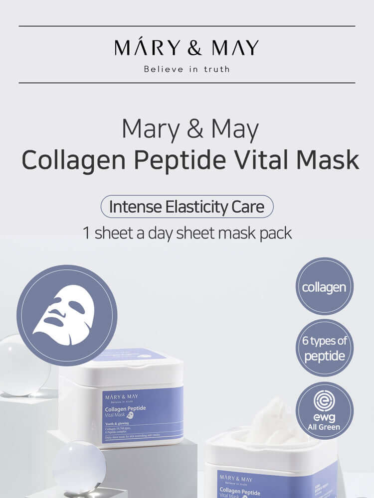 MARY&MAY Collagen Peptide Vital Mask 400g 30EA product image showcasing intense elasticity care and sheet mask pack.