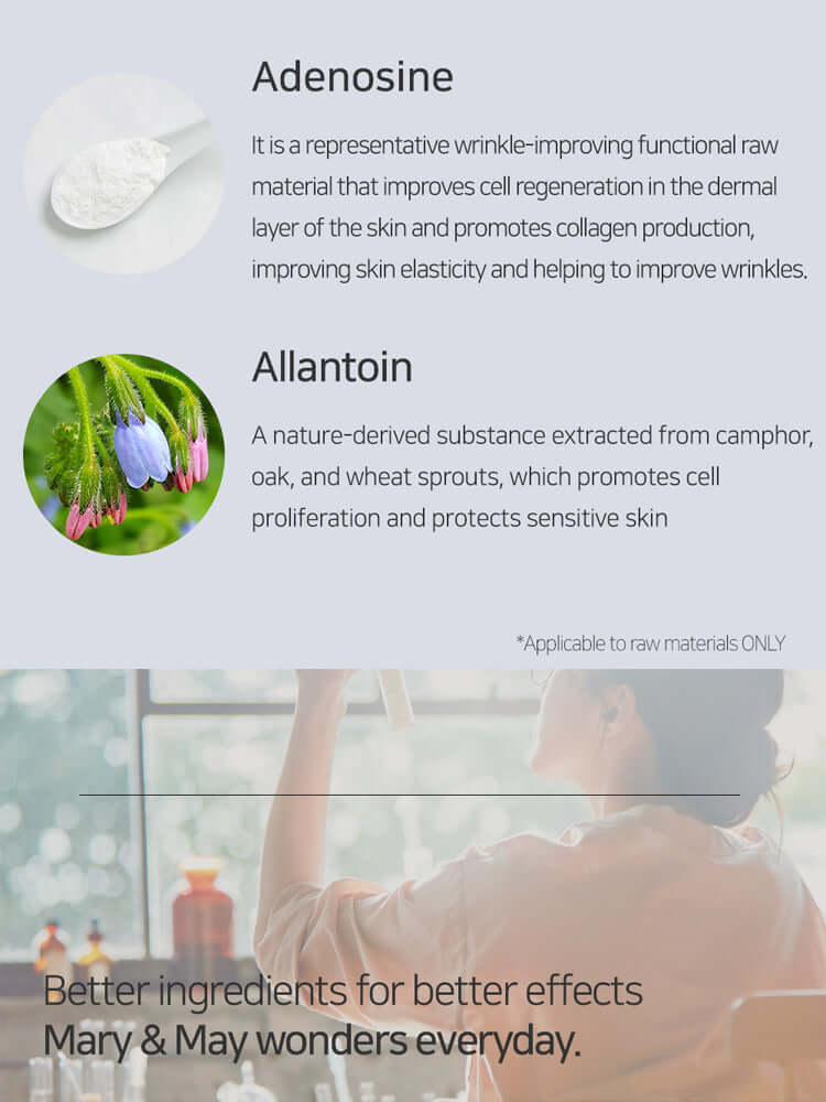 MARY&MAY Collagen Peptide Vital Mask 400g 30EA ingredients, showcasing Adenosine and Allantoin for skin benefits.