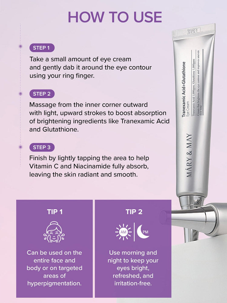 How to use MARY&MAY Glutathione Eye Cream with steps and tips for a radiant eye area, featuring Vegan Blackberry Complex Cream Essence.