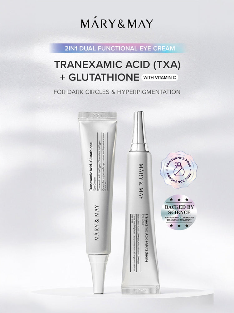 MARY&MAY Glutathione Eye Cream Special Set featuring tranexamic acid for dark circles and hyperpigmentation.
