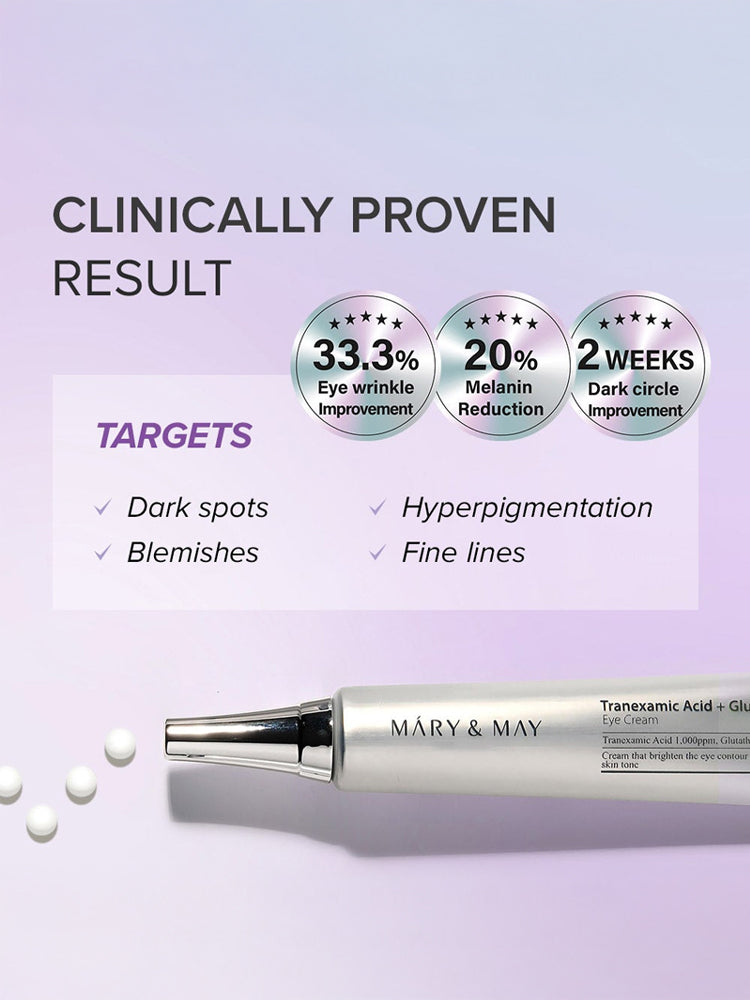 MARY&MAY Glutathione Eye Cream Special Set showing clinically proven results for dark circles and fine lines.