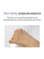 Non-sticky ampoule essence on a hand, showing nutrient-rich ingredients absorbed gently.