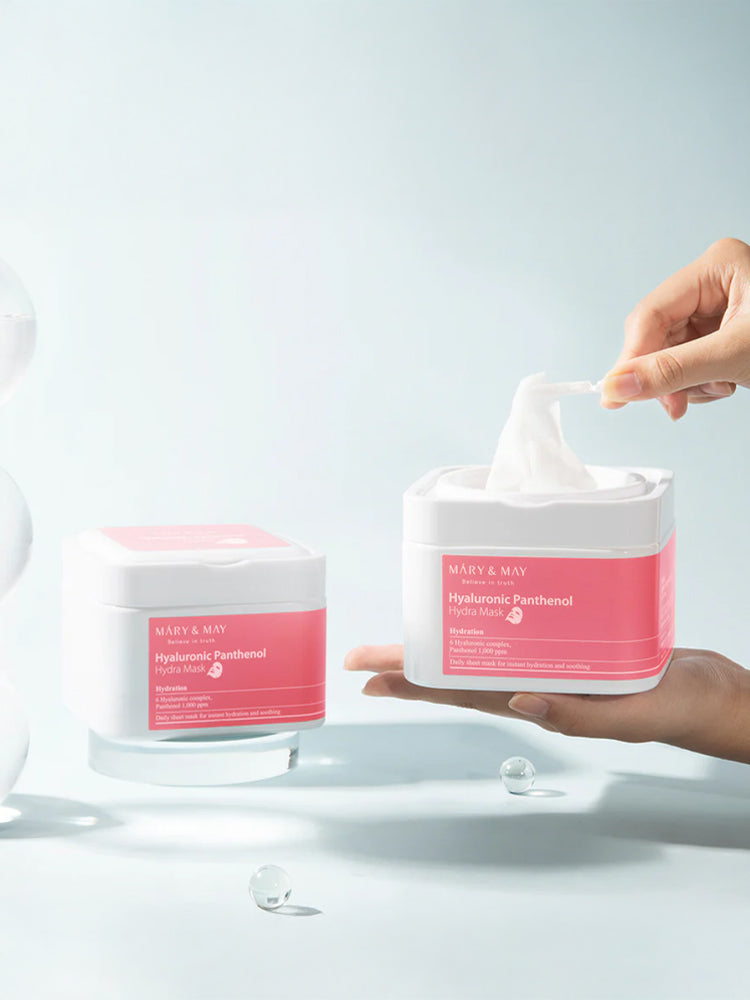 MARY&MAY Hyaluronic Panthenol Hydra Mask packaging with product being pulled out of the container.