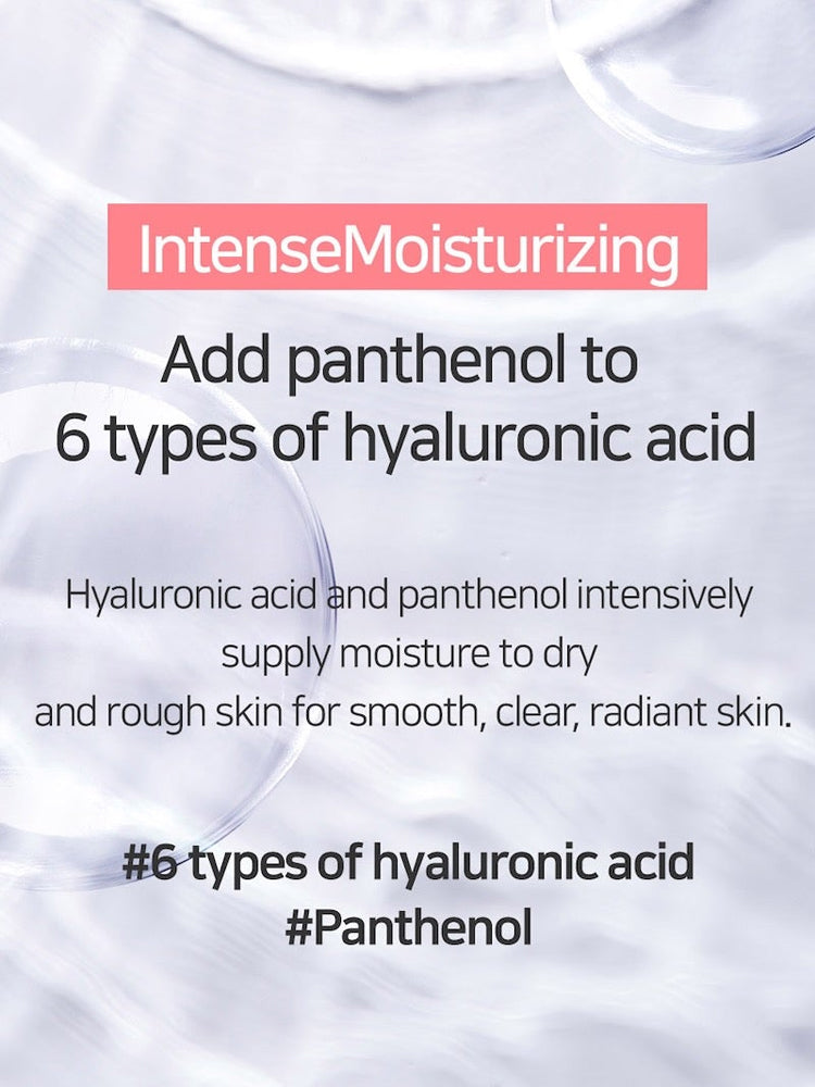 Intense moisturizing message highlighting the benefits of 6 types of hyaluronic acid and panthenol for radiant skin.
