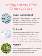 Synergy boosting effect for moisture care featuring hyaluronic acid, panthenol, and allantoin benefits.