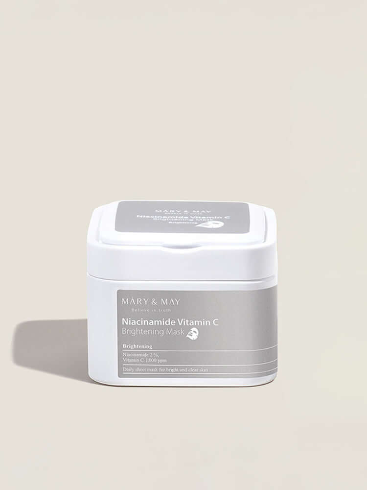 MARY&MAY Niacinamide Vitamin C Brightening Mask packaging in a sleek container with minimal design.