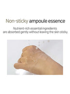Non-sticky ampoule essence on a hand, showcasing nutrient-rich ingredients absorbed easily into the skin.