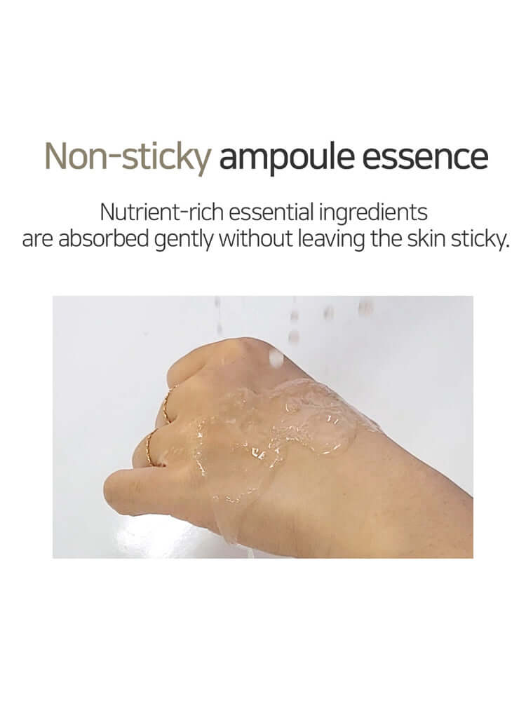 Non-sticky ampoule essence on a hand, showcasing nutrient-rich ingredients absorbed easily into the skin.