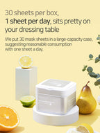 MARY&MAY Niacinamide Vitamin C Brightening Mask packaging with fruits and text highlighting daily use and convenience.