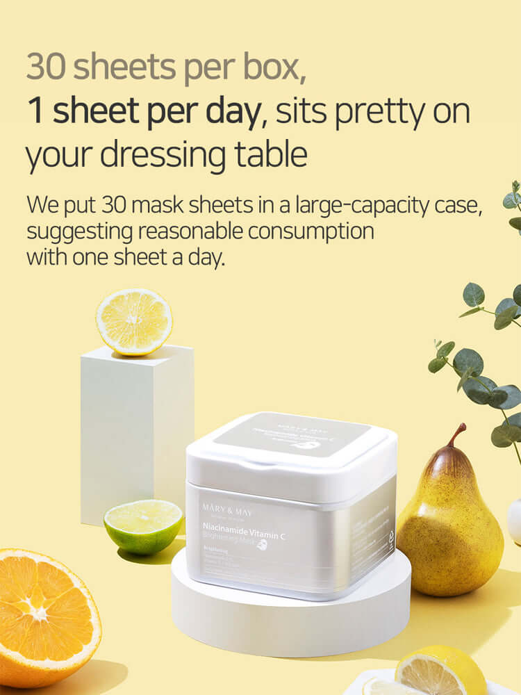 MARY&MAY Niacinamide Vitamin C Brightening Mask packaging with fruits and text highlighting daily use and convenience.