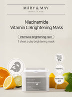 MARY&MAY Niacinamide Vitamin C Brightening Mask packaging with citrus fruits, daily brightening care, one-sheet mask.