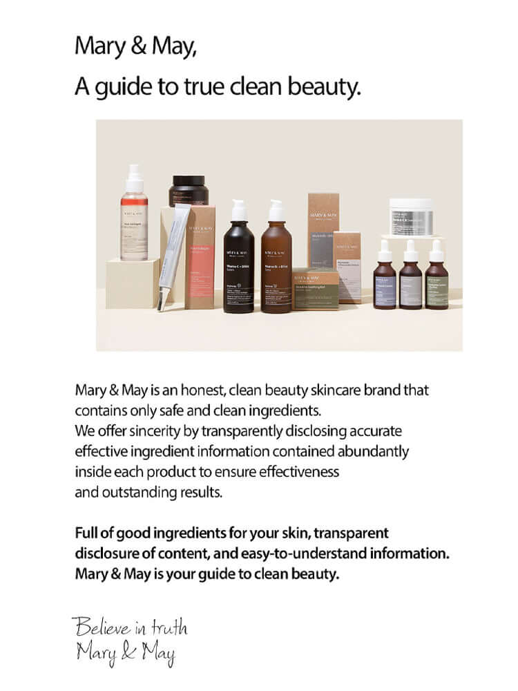 MARY&MAY Niacinamide Vitamin C Brightening Mask product display with clean beauty products and brand message.