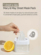 MARY&MAY Niacinamide Vitamin C Brightening Mask 400g 30EA with a hand pulling out a mask sheet from the pack.