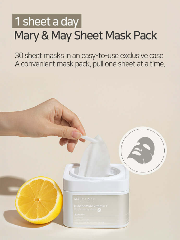 MARY&MAY Niacinamide Vitamin C Brightening Mask 400g 30EA with a hand pulling out a mask sheet from the pack.