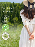 Non-irritant daily mask with clean beauty certifications in a serene outdoor setting.