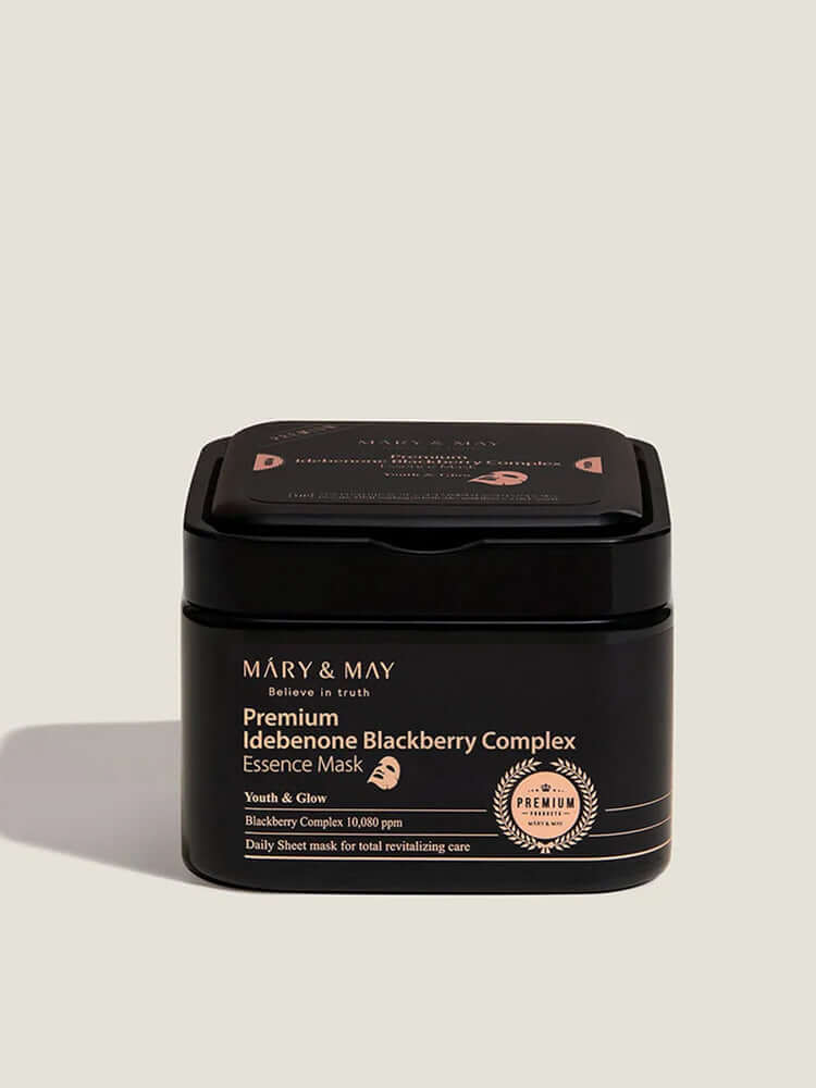 MARY&MAY Premium Idebenone Blackberry Complex Essence Mask 250g in sleek packaging for daily skincare.