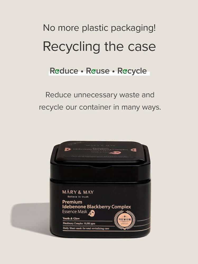 MARY&MAY Premium Idebenone Blackberry Complex Essence Mask packaging emphasizing recycling and eco-friendly practices.