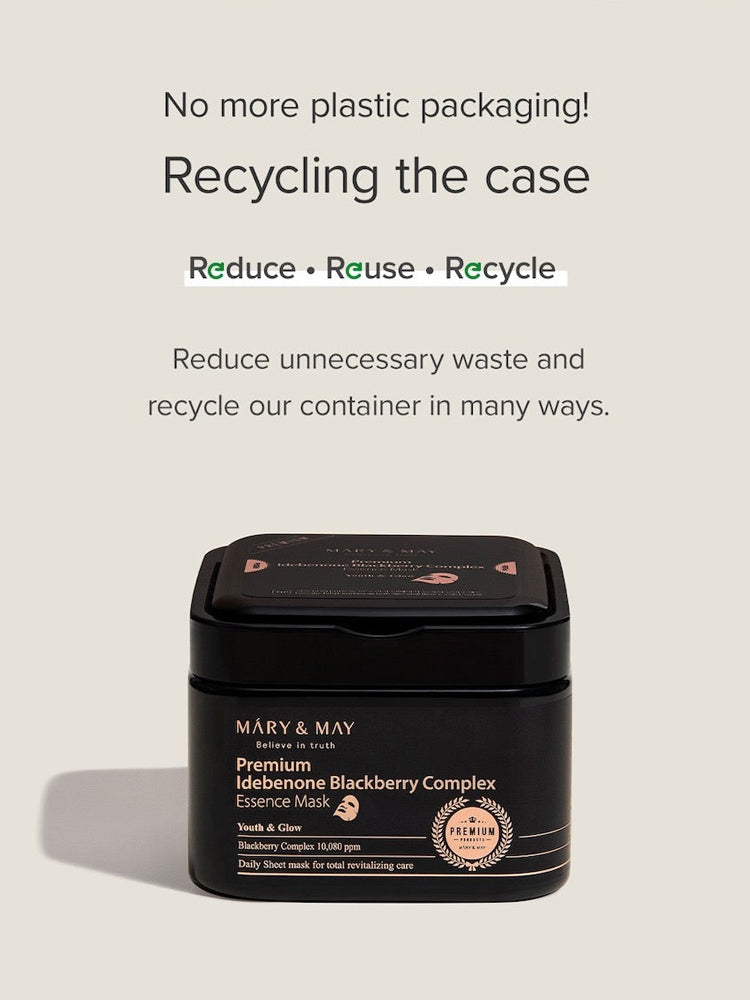 MARY&MAY Premium Idebenone Blackberry Complex Essence Mask packaging emphasizing recycling and eco-friendly practices.