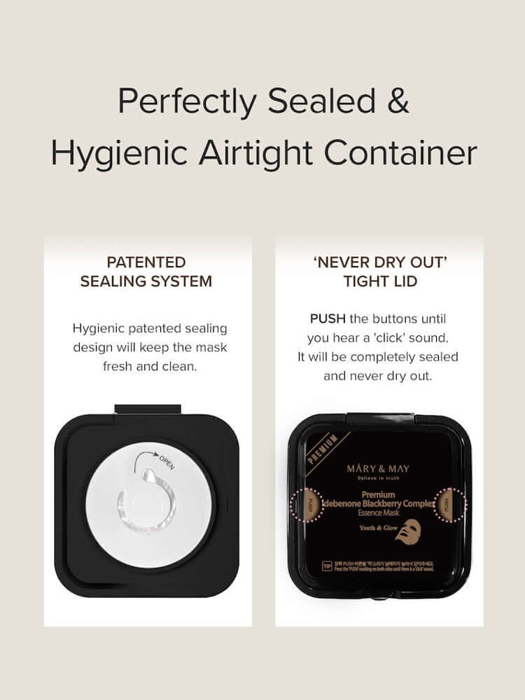 Mary & May Premium Idebenone Blackberry Complex Essence Mask with sealed airtight container design.