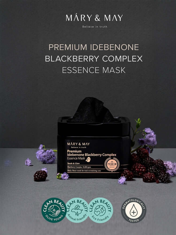 MARY&MAY Premium Idebenone Blackberry Complex Essence Mask packaging with black mask and blackberries.