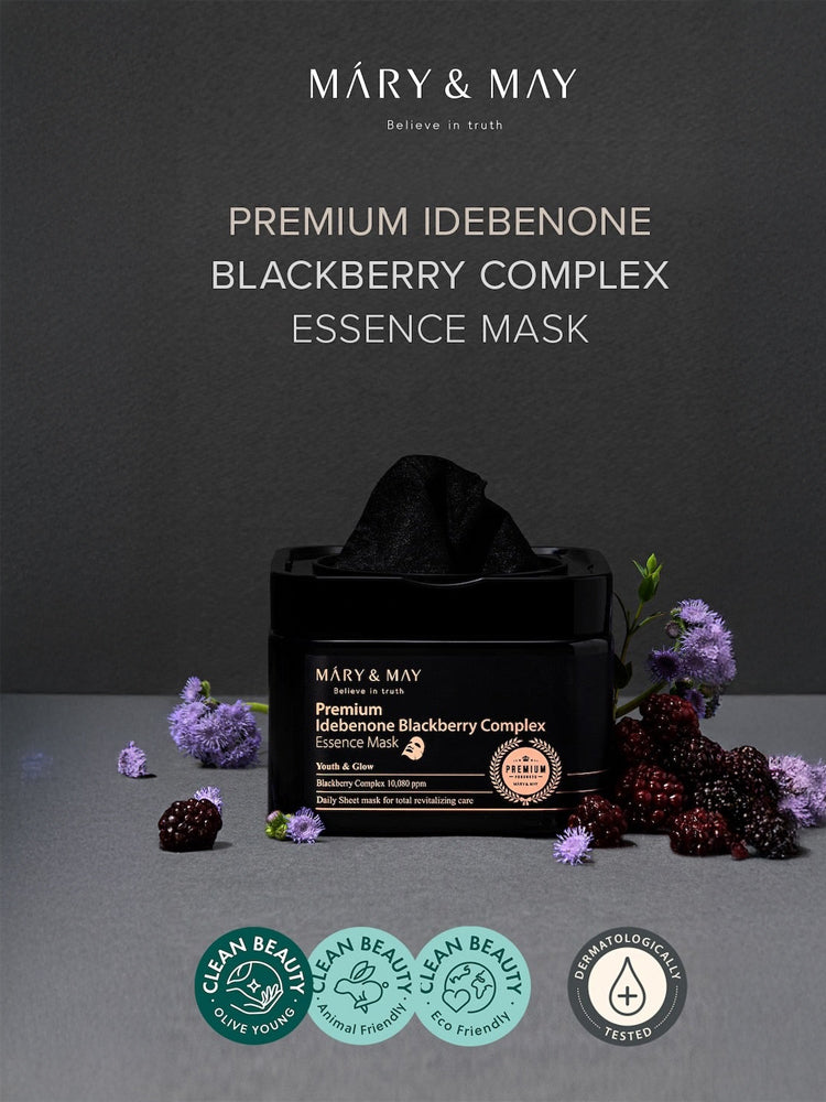 MARY&MAY Premium Idebenone Blackberry Complex Essence Mask packaging with black mask and blackberries.
