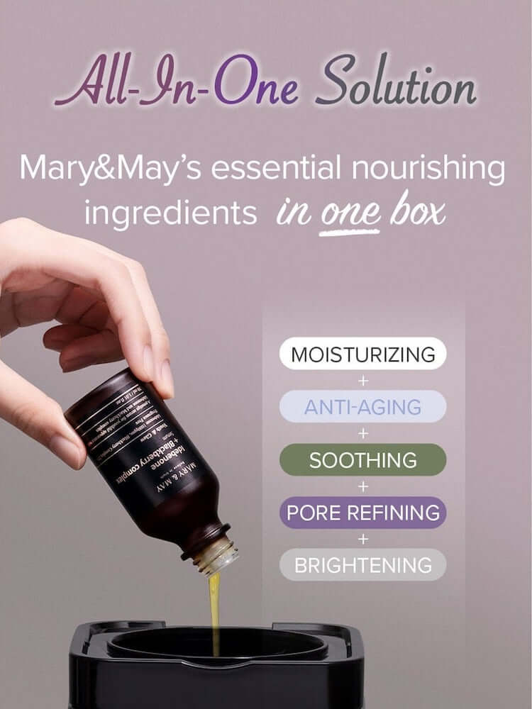 All-In-One Solution featuring Mary&May essential nourishing ingredients, highlighting moisturizing, anti-aging, soothing, pore refining, and brightening.
