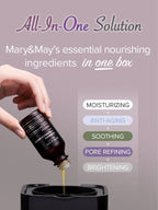 All-In-One Solution featuring Mary&May essential nourishing ingredients, highlighting moisturizing, anti-aging, soothing, pore refining, and brightening.