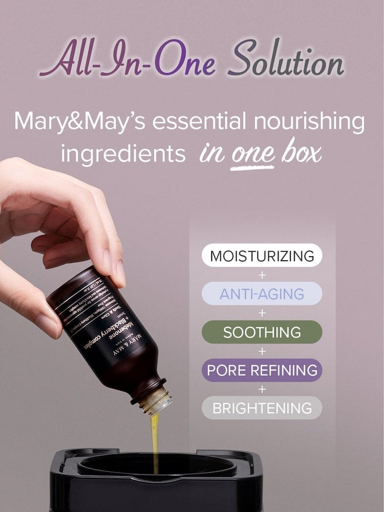 All-In-One Solution featuring Mary&May essential nourishing ingredients, highlighting moisturizing, anti-aging, soothing, pore refining, and brightening.