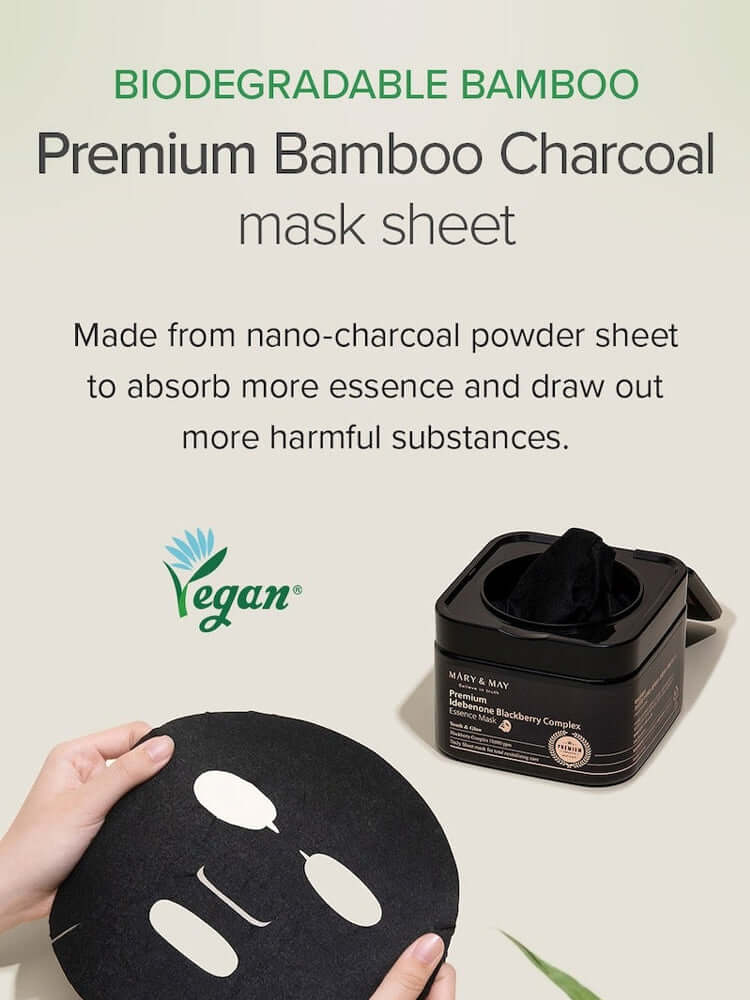 Premium Idebenone Blackberry Complex Essence Mask with biodegradable bamboo charcoal benefits.