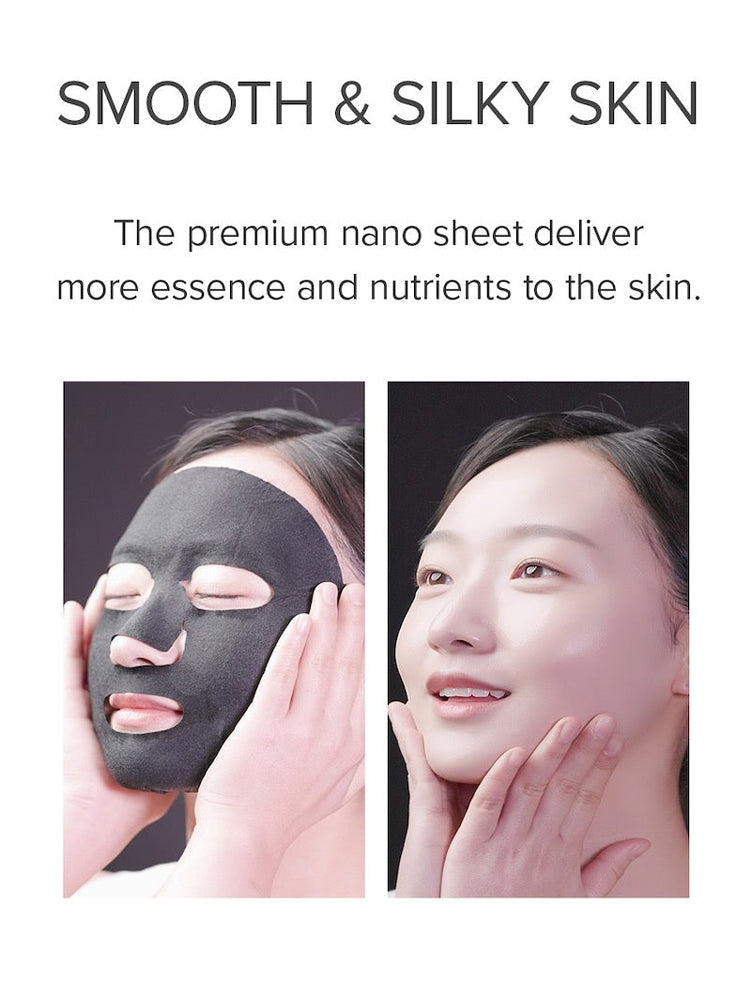 Premium Idebenone Blackberry Complex Essence Mask with a woman using a sheet mask for smooth and silky skin.
