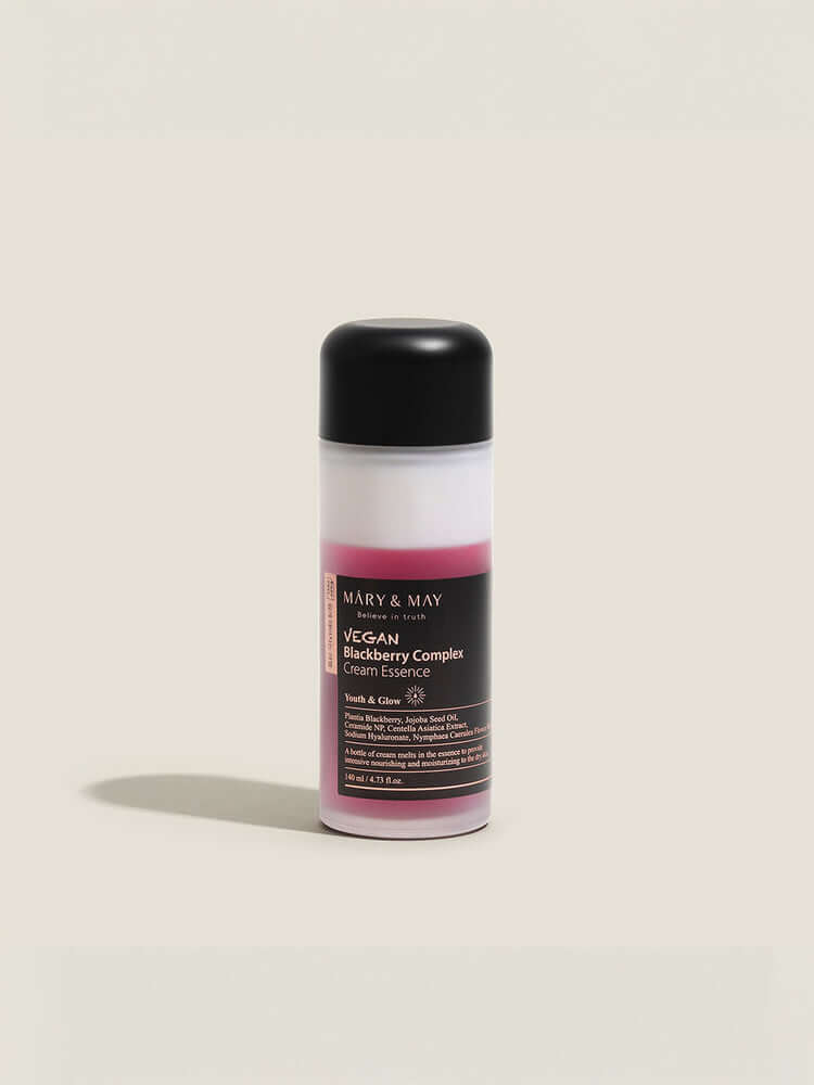 MARY&MAY Vegan Blackberry Complex Cream Essence 140ml bottle with a lightweight design and hydrating formula.
