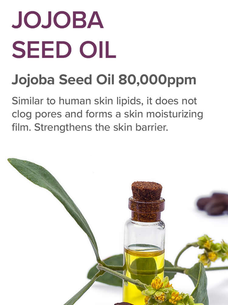 Jojoba Seed Oil 80,000ppm in a clear bottle with green leaves, promoting skin moisture and barrier protection.