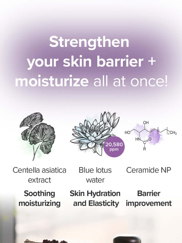Strengthen your skin barrier with Centella asiatica, Blue lotus water, and Ceramide NP for deep moisturization.