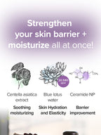 Strengthen your skin barrier with Centella asiatica, Blue lotus water, and Ceramide NP for deep moisturization.