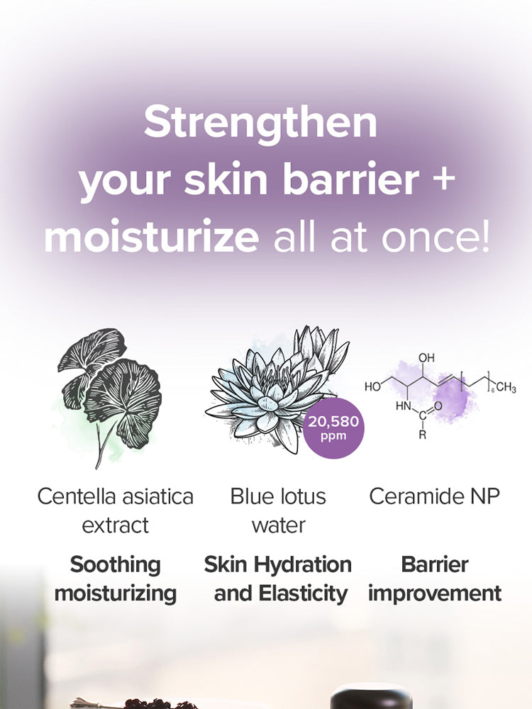 Strengthen your skin barrier with Centella asiatica, Blue lotus water, and Ceramide NP for deep moisturization.