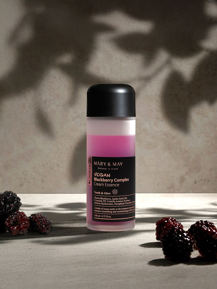 MARY&MAY Vegan Blackberry Complex Cream Essence 140ml with blackberries, showcasing lightweight and hydrating skincare.
