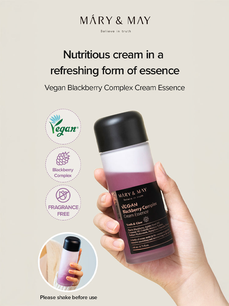 MARY&MAY Vegan Blackberry Complex Cream Essence in a bottle, showcasing its lightweight and nourishing formula.