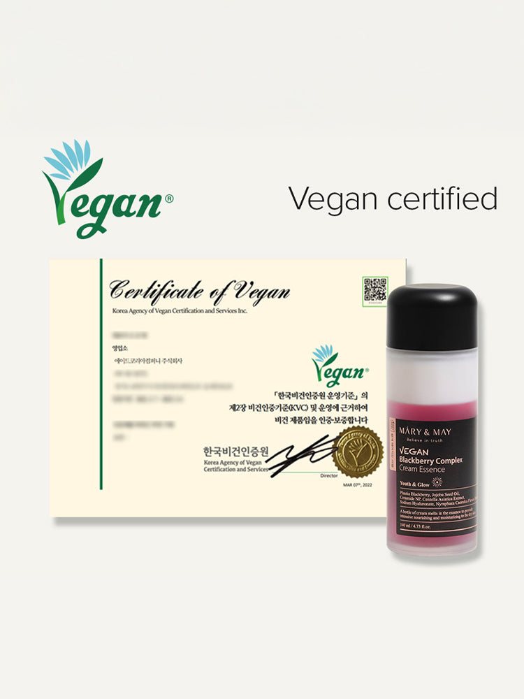 MARY&MAY Vegan Blackberry Complex Cream Essence with vegan certification document.